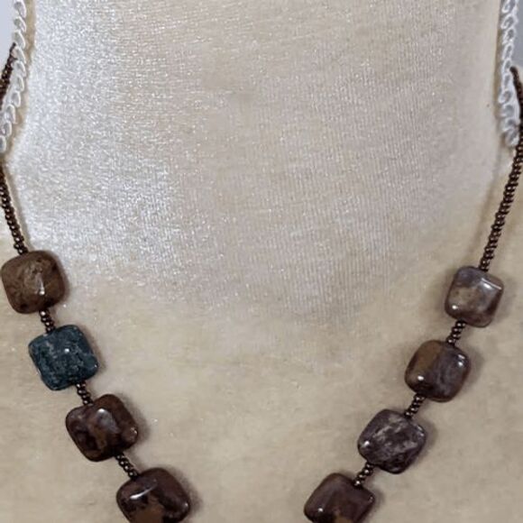 Natural tones art glass square pendant beaded cord 18" - Picture 2 of 3